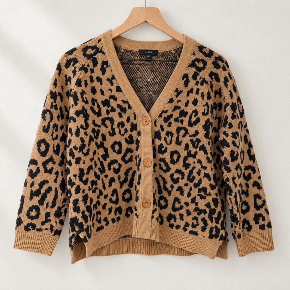 J.Crew Leopard Jacquard Merino Wool Blend Cardigan Preppy Cropped | Size XXS